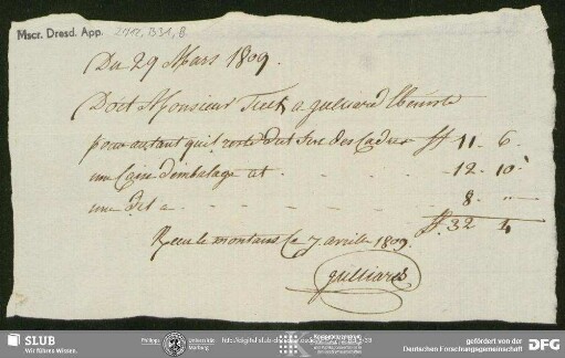 Rechnung von Unbekannt an August Wilhelm von Schlegel, o.O., 29.03.1809