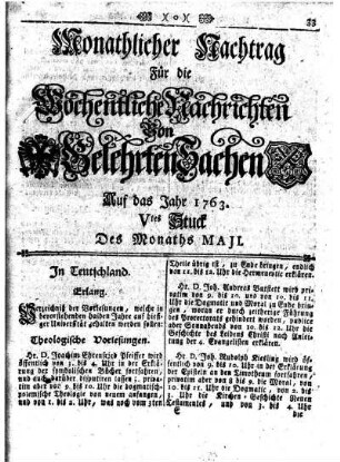 Monathlicher Nachtrag [...] Auf das Jahr 1763. Vtes Stuck Des Monaths Maji