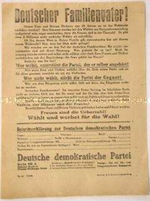 Programmatischer Wahlaufruf der DDP an Familienväter anlässlich der Reichstagswahl Januar 1919