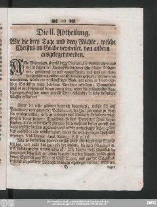 Die II. Abtheilung. Wie die drey Tage und drey Nächte, welche Christus im Grabe verweilet, von andern ausgeleget worden.