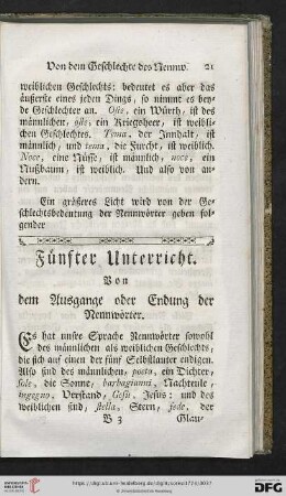Fünfter Unterricht: Von dem Ausgange oder Endung der Nennwörter