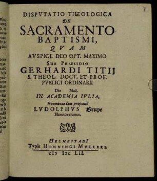 Disputatio Theologica De Sacramento Baptismi