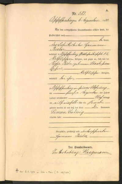 Standesamtsbuch der Stadt Aschaffenburg: Geburten 365/1900 - 184/1901