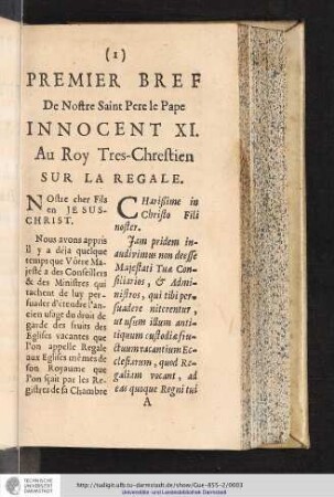 PREMIER BREF De Nostre Saint Pere le Pape INNOCENT XI. Au Roy Tres-Chrestien SUR LA REGALE.