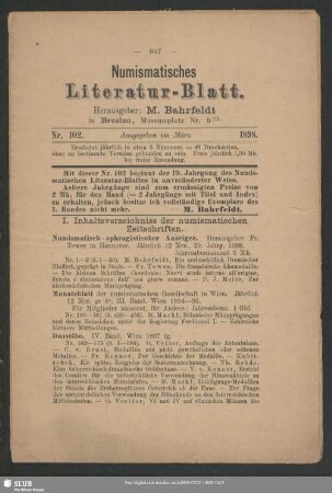 Jg.19.1898=Nr.102/106: Numismatisches Literaturblatt
