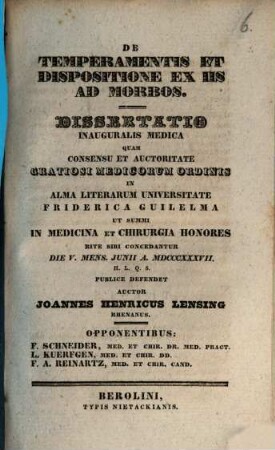 De temperamentis et dispositione ex iis ad morbos : Diss. inaug. med.