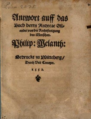 Antwort auff das Buch herrn Andreae Osiandri von der Rechtfertigung des Menschen