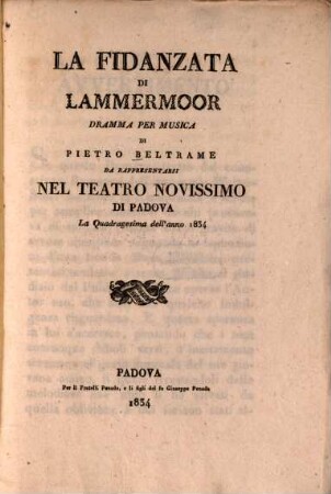 La fidanzata di Lammermoor : Dramma per musica
