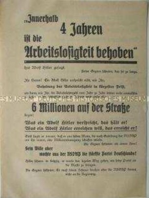 NSDAP-Wahlflugblatt mit der Untermauerung des Versprechens zur Beseitigung der Arbeitslosigkeit