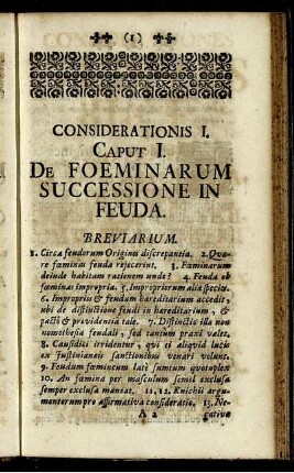 Considerationis I. Caput I. De Foeminarum Successione In Feuda