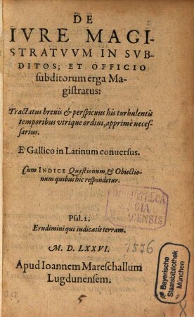 Tractatus de iure magistratuum in subditos et officio subditorum erga magistratus