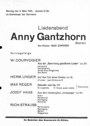 Programmzettel eines Liederabends mit Anny Gantzhorn im Gartensaal der Harmonie