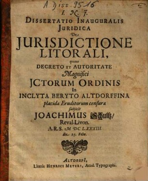 Dissertatio Inauguralis Juridica De Jurisdictione Litorali