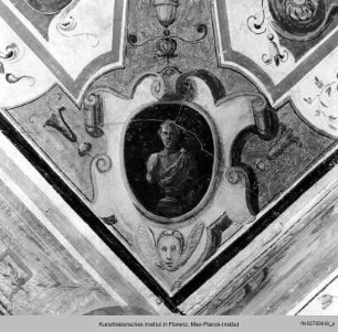 Deckendekoration : Deckenstreifen mit dem Wappen der Strozzi und der Bandini, reitenden Brautleuten und einem Fries mit den Geschichten des Adonis und des Perseus