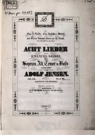 8 Lieder von Emanuel Geibel : für Sopran, Alt, Tenor u. Baß ; op. 28