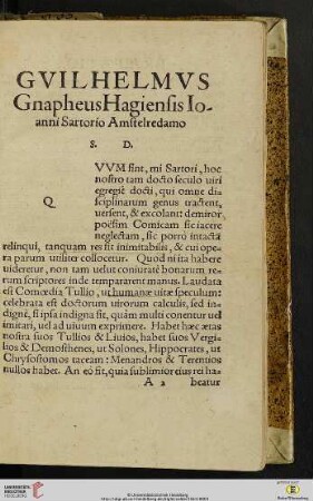 Gvilhelmvs Gnapheus Hagiensis Ioanni Sartorio Amstelredamo