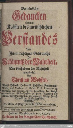 Vernünfftige Gedancken Von den Kräfften des menschlichen Verstandes Und Ihrem richtigen Gebrauche In Erkänntniß der Wahrheit : Den Liebhabern der Wahrheit mitgetheilet