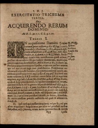 Exercitatio Tricesima Tertia. De Acquirendo Rerum Dominio. Thesis I. - XXV.