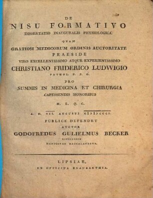 De nisu formativo : Diss. inaug. physiolog.