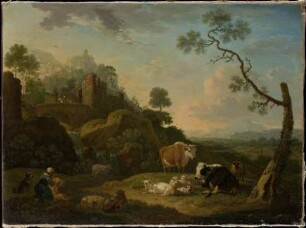 Landschaft mit Hirtenfamilie und ihrer Herde