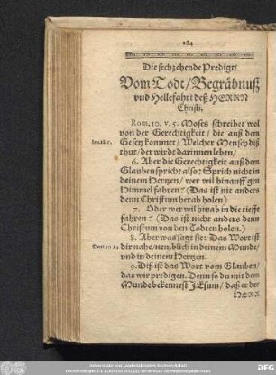 Die sechzehende Predigt/ Vom Todt/ Begräbnuß und Hellefahrt deß Herrn Christi.