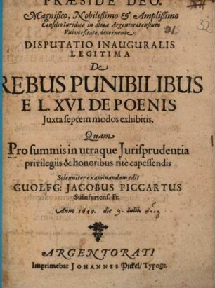 Disp. inaug. legitima de rebus punibilibus e L. XVI. de poenis, iuxta septem modos exhibitis