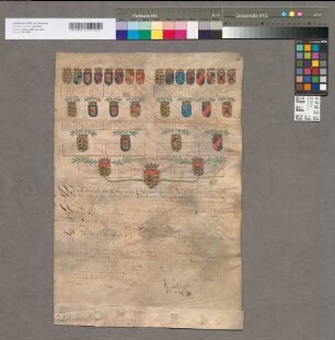 16er-Wappenahnentafel der Maria Walpurga Eusebia Reichserbtruchsessin zu Waldburg am Friedberg-Trauchburg. Bestätigt durch Ferdinand Erzbischof zu Köln, Franz Bischof von Lothringen, Berthold Graf zu Königsegg-Rothenfels, [unleserlich]. Mit den 4 Unterschriften. Kein Siegel (von 4) erhalten.