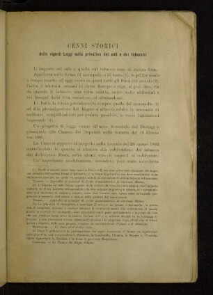 Cenni storici delle vigenti Leggi sulla privativa dei sali e dei tabacchi