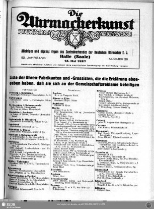 Liste der Uhren-Fabrikanten und -Grossisten, die die Erklärung abgegeben haben, daß sie sich an der Gemeinschaftsreklame beteiligen