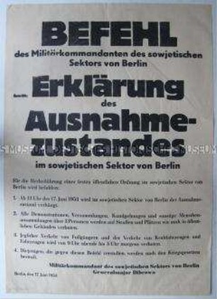 Befehl über die Erklärung des Ausnahmezustandes im sowjetischen Sektor Berlins vom 17. Juni 1953