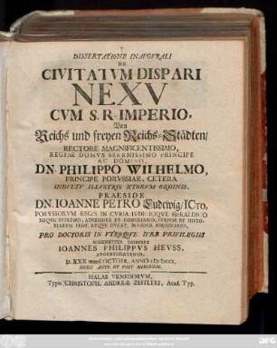 Dissertatione Inavgvrali De Civitatvm Dispari Nexv Cvm S. R. Imperio Von Reichs und freyen Reichs-Städten