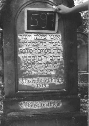 Grabstein 597 (Index: 99895346) Material: Sandstein Zustand: gut Maße HxBxT: 179x60x21 cm Beschreibung: Stele mit Rundbogenabschluss, kleiner Verdachung und Mittelakroter; Sockel Symbolik: Blüte: Grabstein 597 (2)