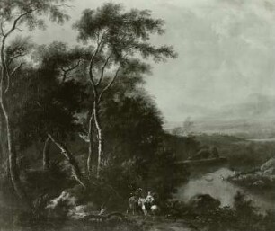 Wald- und Berglandschaft mit Jägern