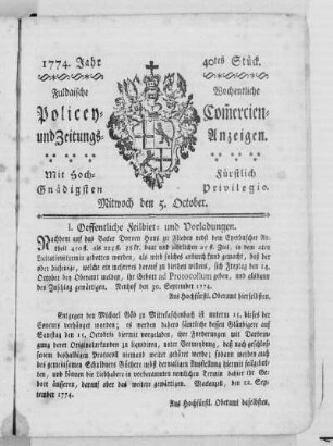 40tes Stück., Ausgabe vom 05. Oktober 1774