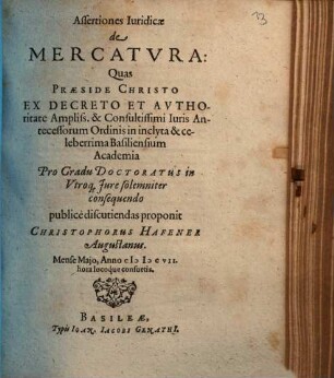 Assertiones Iuridicae de Mercatvra