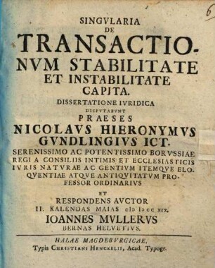 Singvlaria De Transactionvm Stabilitate Et Instabilitate Capita : Dissertatione Ivridica
