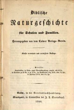 Biblische Naturgeschichte für Schulen und Familien. : Herausgegeben von dem Calwer Verlags-Verein