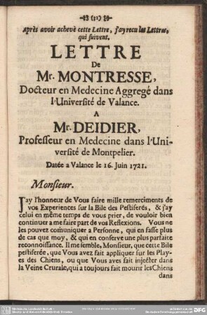Lettre De Mr. Montresse, ... A Mr. Deidier, ...