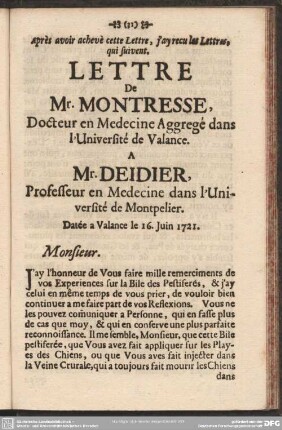 Lettre De Mr. Montresse, ... A Mr. Deidier, ...