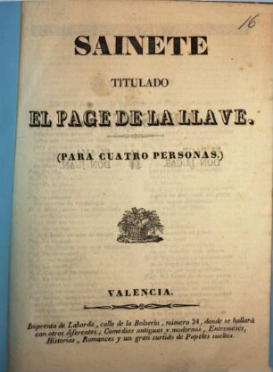 Sainete titulado El page de la llave : (para cuatro personas)