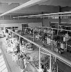 August Ernst: Spirituosenhersteller, Kornbrennerei: Industriestraße: Innenaufnahme: Blick von oben in Abfüllhalle: Mitarbeiterinnen an Abfüllstraße: automatische Abfüllanlage, Transportbänder mit Flaschen: Stapel mit Kartons: hinten Paletten mit Flaschenkartons, Gabelstapler, Mitarbeiter