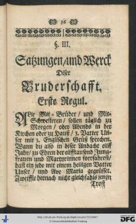 §. III. Satzungen und Werck diser Bruderschafft.