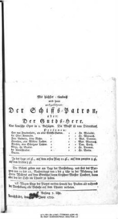 Der Schiffs=Patron, oder: Der Guths=Herr