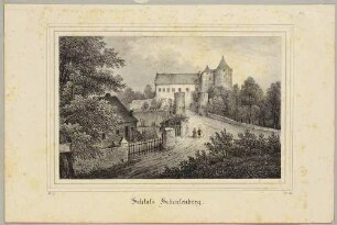 Schloss Scharfenberg (Klipphausen) über der Elbe zwischen Meißen und Dresden, Eingangsseite von Südwesten mit Tortürmchen, aus der Zeitschrift Saxonia um 1836