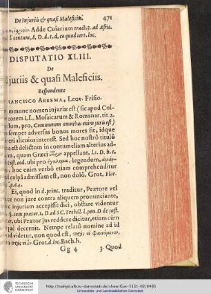 Disputatio XLIII. De Injuriis & quasi Maleficiis