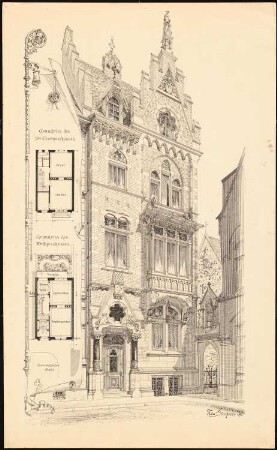Neubau Haus Jos. Hermans am Gereonkloster, Köln: Perspektivische Ansicht der Straßenseite, Grundrisse EG, 2. OG