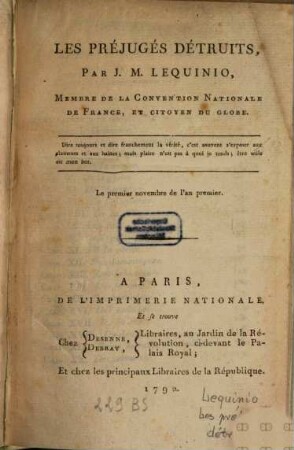 Les préjugés détruits ...