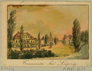 Ansicht von Connewitz (Leipzig-Connewitz) südlich von Leipzig mit der alten Dorfkirche, Ausschnitt aus Wagners Bilderbogen bei Lenz um 1830