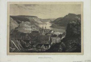 Ansicht von Stadt Wehlen in der Sächsischen Schweiz , Lithographie, 1840 : Wehlstädtel / gez. u. lith. v. R. Bürger. Gedr. v. F. Weider. - [S.l.] : F. Weider , [um 1840]. - 1 Kunstbl. : Lithogr. ; 23 x 15 cm +++ Zählung: L.XXXIX, Bl. 2