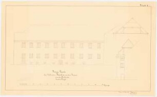 Schloss Rauden: Westliche Fassade zur Straße, rechter Flügel: Aufriss, Schnitt Dach, Maßstabsleiste